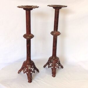 Industrial Metal Cast Iron Pillar Candlestick Holders - a Pair